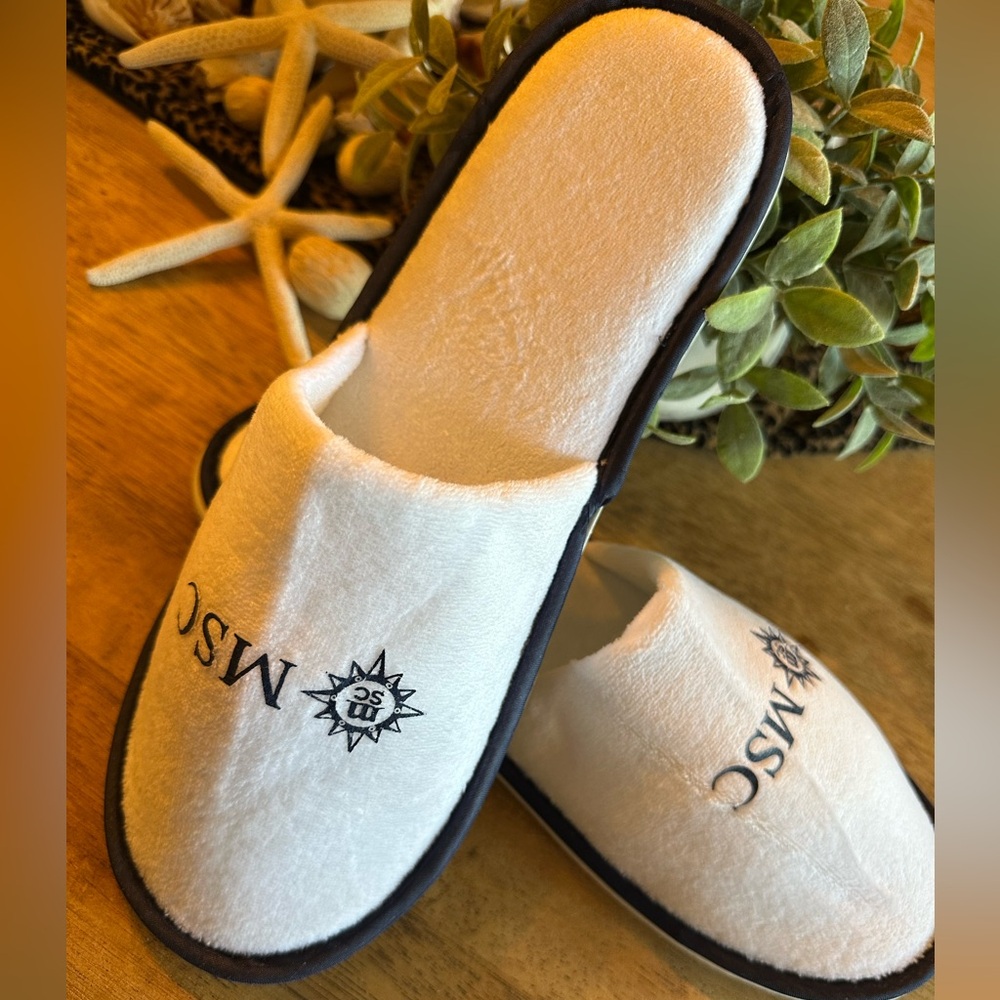 MSC cruises cozy bath shower pool spa slippers new large white navy vacation